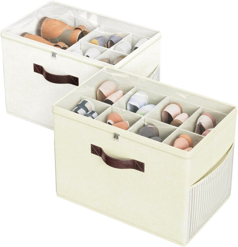Budding Joy 2 Pack Shoe Organizer for Closet, Clear Foldable Shoe Storage Containers Adjustable Dividers Fits 16 Pairs,Shoe Storage Bins Baskets Boxes with Reinforced Handles Beige Yellow Beige - Image 1